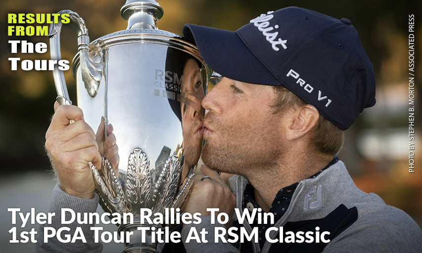 Tyler Duncan Kisses The Trophy After Winning The 2nd Playoff Hole Against Webb Simpson During The Final Round Of The RSM Classic. Tyler Duncan