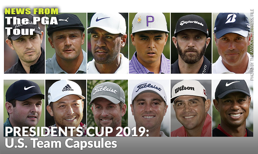 Top Row, From Left: Patrick Cantlay, Bryson DeChambeau, Tony Finau, Rickie Fowler, Dustin Johnson, and Matt Kuchar. Bottom Row, From Left: Patrick Reed, Xander Schauffele, Webb Simpson, Justin Thomas, Gary Woodland, and Tiger Woods.