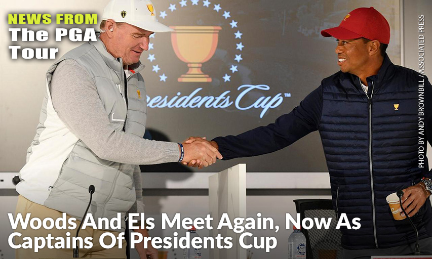 International Captain Ernie Els And USA Captain Tiger Woods Shake Hands During A Press Conference Ahead Of The Presidents Cup. Ernie Els and Tiger Woods