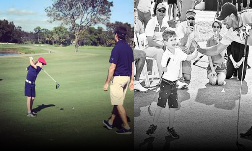 Tommy as a young boy getting to hang out and hit some shots with Tiger Woods.