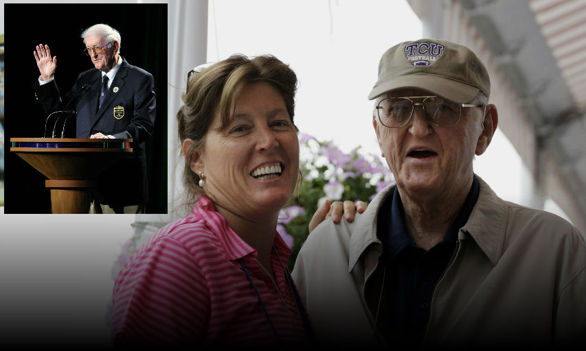 FILE - In this Aug. 15, 2009, file photo, sports writer Dan Jenkins, right, stands next to his daughter, Sally Jenkins, at the PGA Championship at Hazeltine National Golf Club in Chaska, Minn. Jenkins, the sports writing great and best-selling author known for his humor, has died. He was 89. TCU athletic director Jeremiah Donati confirmed Jenkins died Thursday, March 7, 2019, in his hometown of Fort Worth, Texas. (AP Photo/Jeff Roberson, File)