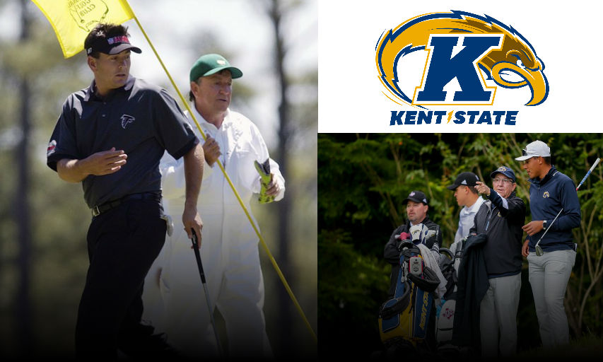 FILE - In this April 5, 2004, file photo, Ben Curtis discusses his placement on the third green with his caddy and former Kent State University coach, Herb Page, during practice for the 2004 Masters golf tournament at the Augusta National Golf Club in Augusta, Ga. Longtime Kent State golf coach Herb Page will retire at the end of this season and end his storied run at the school. Page has coached the Golden Flashes since 1977, building the men’s golf program into one of the nation’s most consistent and decorated. Under Page, Kent State has won 22 Mid-American Conference titles, appeared in 17 NCAA championships and he’s had 28 All-Americans, including Ben Curtis, the 2003 British Open champion. (AP Photos/David J. Phillip, File)