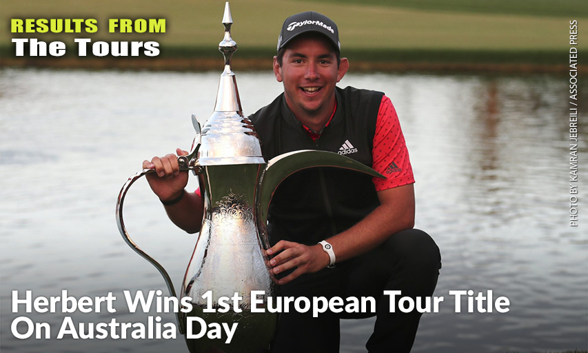 Australia's Lucas Herbert Celebrates With His Trophy After He Won The 2020 Dubai Desert Classic. Lucas Herbert