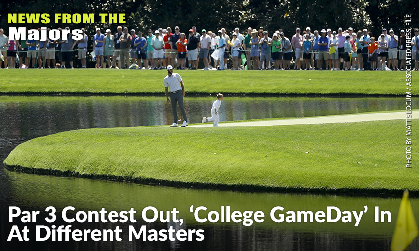 Dustin Johnson & Son Tatum Stand On The Ninth Green During The Par-3 At The 2019 Masters. More Changes To A Masters Tournament That Will Be Unlike Any Of The Previous 83. The Most Unusual Of All Is ESPN's Popular College Football Pregame Show Taking Place On A Stage That Overlooks Ike's Pond And The Ninth Green Of The Par-3 Course. Dustin Johnson and Son Tatum