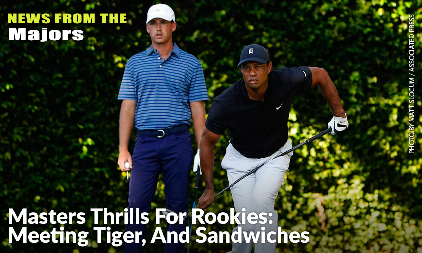 Andy Ogletree Watches As Tiger Woods Follows His Tee Shot On The Second Hole During The Second Round Of The 2020 Masters. Andy Ogletree and Tiger Woods