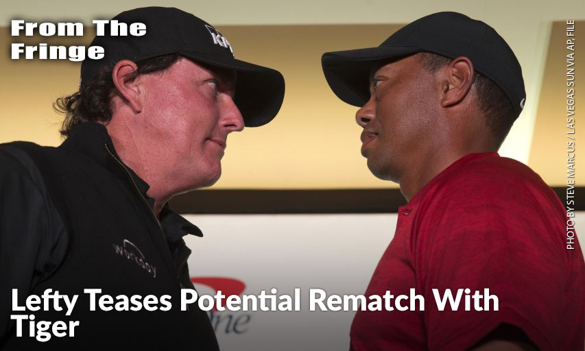 Phil Mickelson And Tiger Woods Face Of During A News Conference At Shadow Creek Golf Course. (Steve Marcus/Las Vegas Sun via AP)