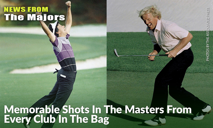 On The Left, Larry Mize Jumps In The Air After Making The Winning Shot In A Sudden Death Playoff Over Seve Ballesteros And Greg Norman To Win The 1987 Masters. On The Right, Greg Norman Reacts To A Missed Birdie Shot On The 18th Hole During The Final Round Of The 1987 Masters.