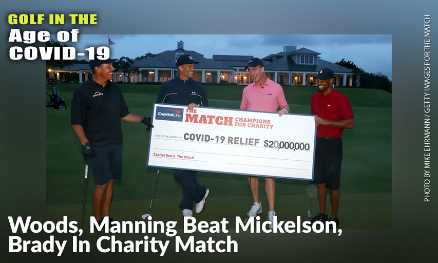 Tiger Woods And Former NFL Player Peyton Manning Celebrate Defeating Phil Mickelson And NFL Player Tom Brady During The Match: Champions For Charity.