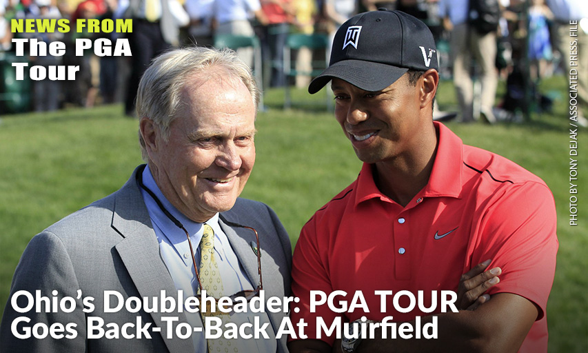 Jack Nicklaus Talks With Tiger Woods After Woods Won The 2012 Memorial At The Muirfield Village Golf Club. The PGA Tour Has A Deal That Would Bring A One-Time Event To Muirfield Village A Week Before The Memorial, Giving It Tournaments In Consecutive Weeks.