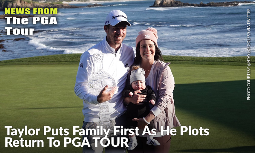 Abbotsford, BC's Nick Taylor Poses With His Wife Andie, Young Son Charlie, And The Pebble Beach Pro-Am Winner's Trophy From Earlier This Year. Nick Taylor
