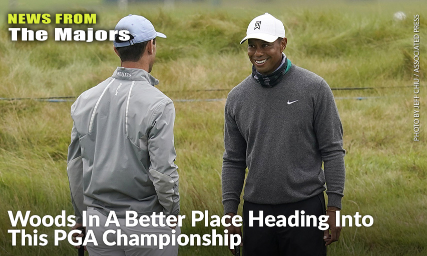 Tiger Woods Smiles While Talking To Billy Horschel During Practice For The 2020 PGA Championship. Tiger Woods