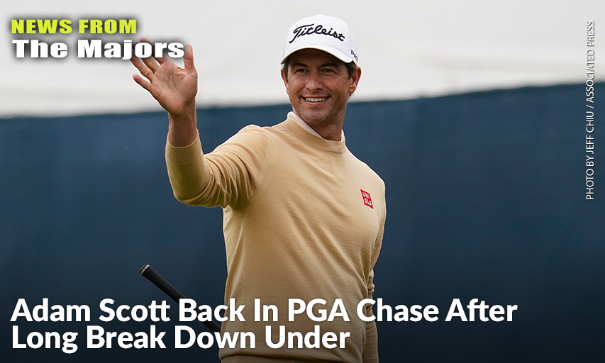 Adam Scott Gestures Toward The 15th Fairway During Practice For The 2020 PGA Championship. Adam Scott