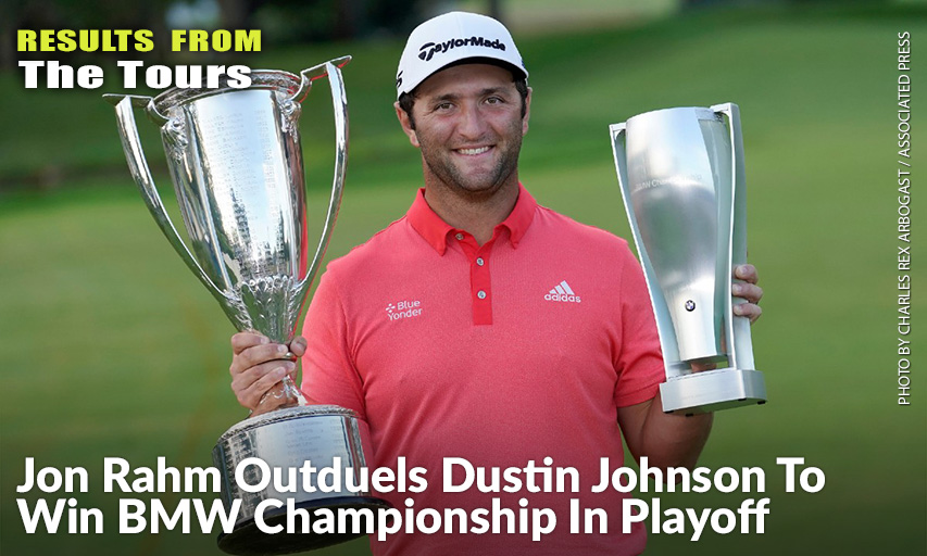 Jon Rahm Poses With The J.K. Wadley Trophy And The BMW Trophy After Winning The BMW Championship. Jon Rahm