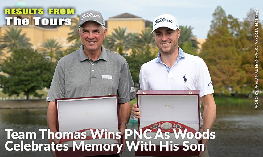 Justin Thomas & His Father Mike Thomas Pose With The Championship Trophies After Winning The PNC Championship.