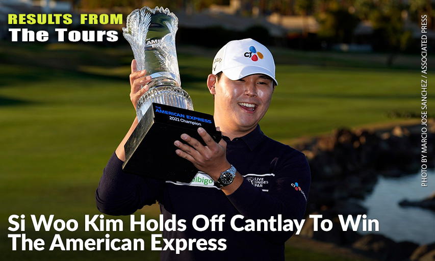 Si Woo Kim Holds The Winner's Trophy At The End Of The American Express. Si Woo Kim