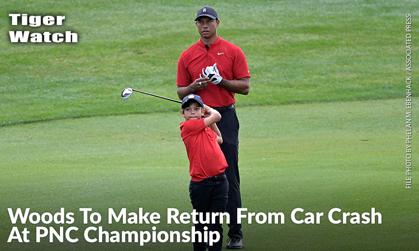 Tiger Woods Watches His Son Charlie’s Shot From The Third Fairway During The Final Round Of The 2020 PNC Championship. Tiger Woods and Charlie