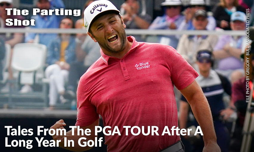 Jon Rahm Reacts To Making His Birdie Putt On The 18th Green During The Final Round Of The 2021 U.S. Open. Rahm Says He Usually Pumps His Fist Downward. This Was Upward Toward His Family Across The Green In A Corporate Box. Jon Rahm