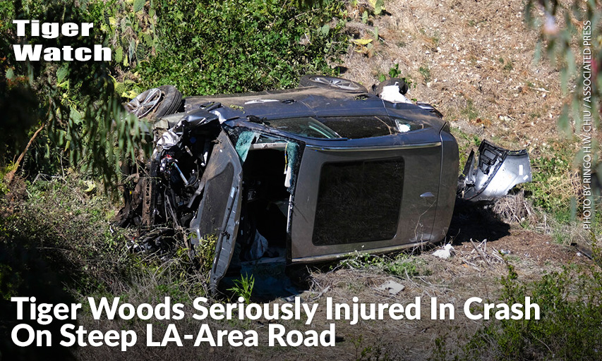 The Vehicle Rests On Its Side After A Rollover Accident Involving Tiger Woods Along A Road In The Rancho Palos Verdes Suburb Of Los Angeles, California. Woods Suffered Leg Injuries In The One-Car Accident And Was Undergoing Surgery, Authorities And His Manager Said.