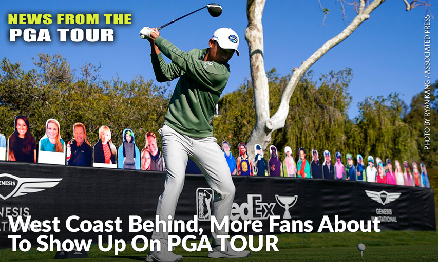 Collin Morikawa Tees Off On The 18th Hole In Front Of Cardboard Cutout Fans During The Genesis Invitational Pro-Am. Collin Morikawa