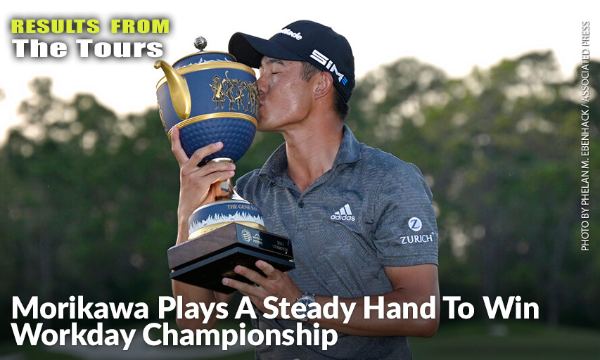 Collin Morikawa Kisses The Championship Trophy After Winning The Workday Championship.