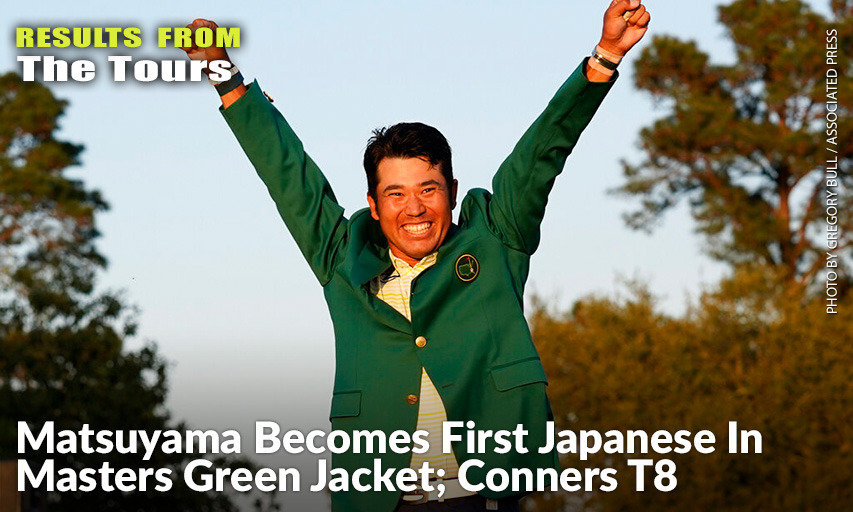 Hideki Matsuyama Celebrates After Putting On The Champion's Green Jacket After Winning The 2021 Masters.