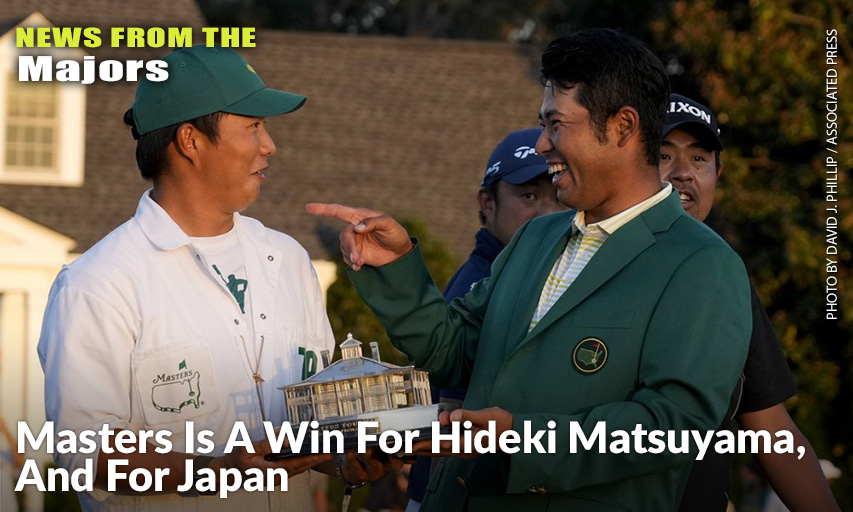 Hideki Matsuyama Holds His Trophy With His Caddie Shota Hayafuji After Winning The 2021 Masters.