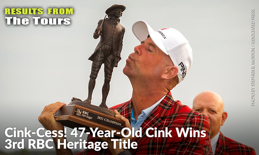 Stewart Cink Kisses The Championship Trophy After Winning The Final Round Of The 2021 RBC Heritage. Stewart Cink wins RBC Heritage