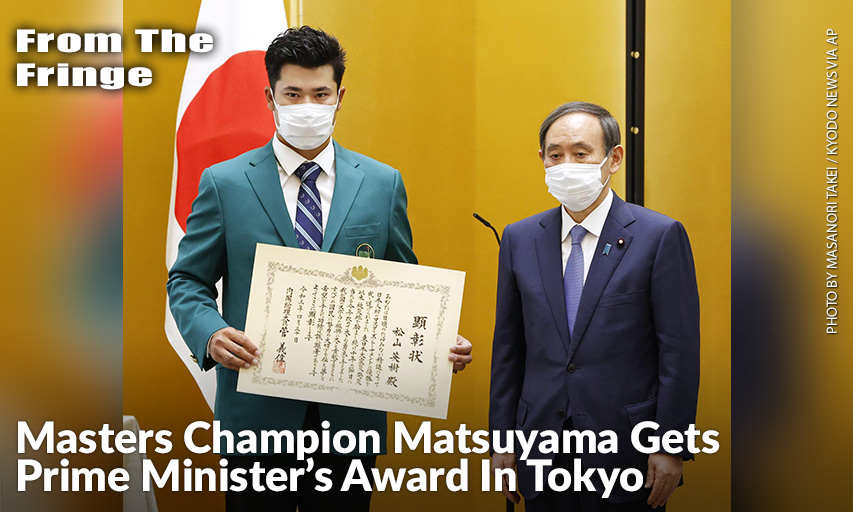 Japanese Golfer Hideki Matsuyama Poses With The Award Certificate With Prime Minister Yoshihide Suga At The Prime Minister's Office In Tokyo.