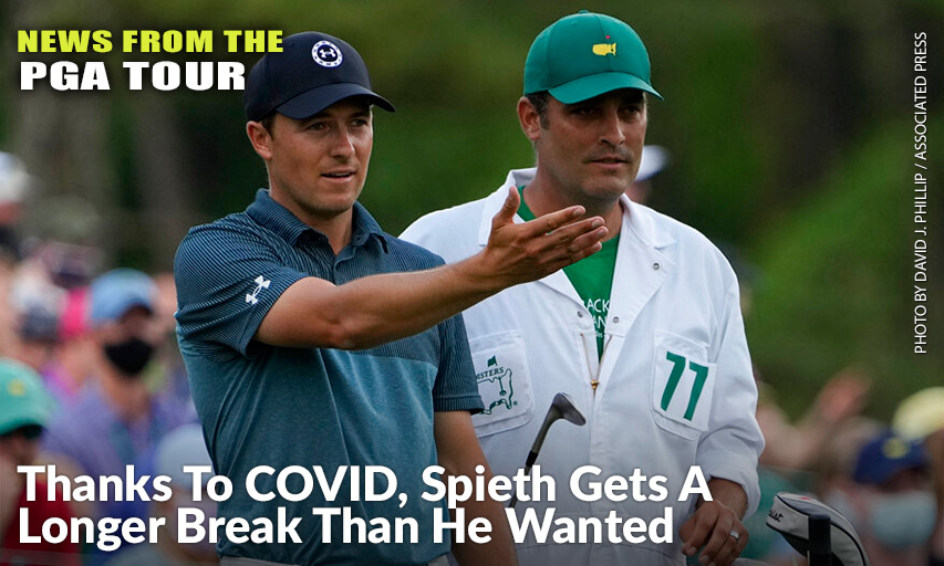 Jordan Spieth Discusses His Tee Shot With His Caddie Michael Greller On The 12th Hole During The Final round Of The 2021 Masters. Spieth Testing Positive For Coronavirus Led To A Month Break After The Masters.
