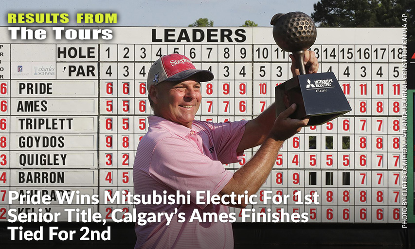 Dicky Pride Hoists The Trophy On The 18th Green After Winning The PGA TOUR Champions’ Mitsubishi Electric Classic. Dicky Pride