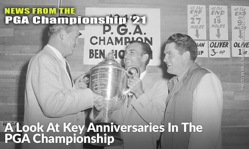 Ben Hogan Gets The PGA Championship Trophy From PGA President Ed Dudley (L) After Winning The 1946 Golf Tournament In Portland, Oregon Hogan Beat Ed Oliver (R), 6 & 4. It Was 75 Years Ago When Ben Hogan Won The First Of His Nine Majors At The 1946 PGA Championship.