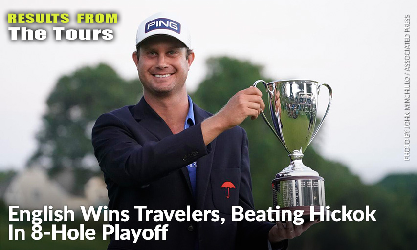 Harris English Holds The Winner’s Trophy After Winning The Travelers Championship. Harris English