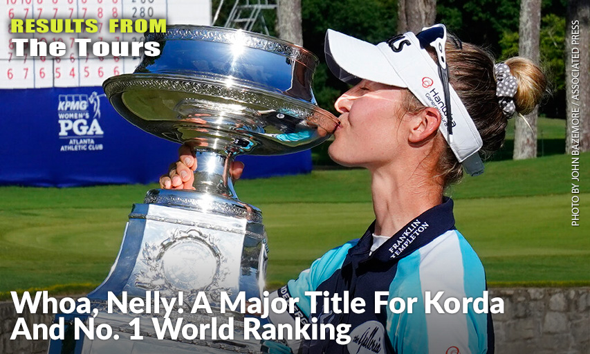Nelly Korda Kisses The Trophy After Winning The KPMG Women's PGA Championship. Nelly Korda