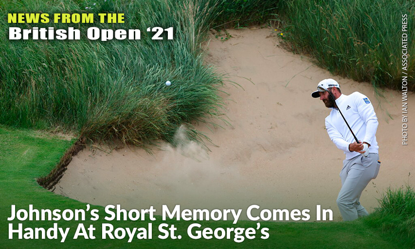 Dustin Johnson Hits Out Of A Bunker On The 6th Green During A Practice Round For The 2021 British Open. Dustin Johnson