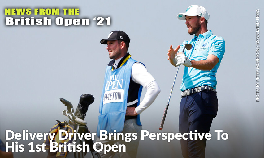 Nicholas Poppleton Reacts After Playing From The 8th Tee During A Practice Round For The 2021 British Open. Nicholas Poppleton