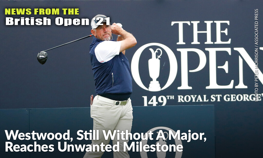 Lee Westwood Plays His Tee Shot From The 1st Tee During A Practice Round For The 2021 British Open. Lee Westwood