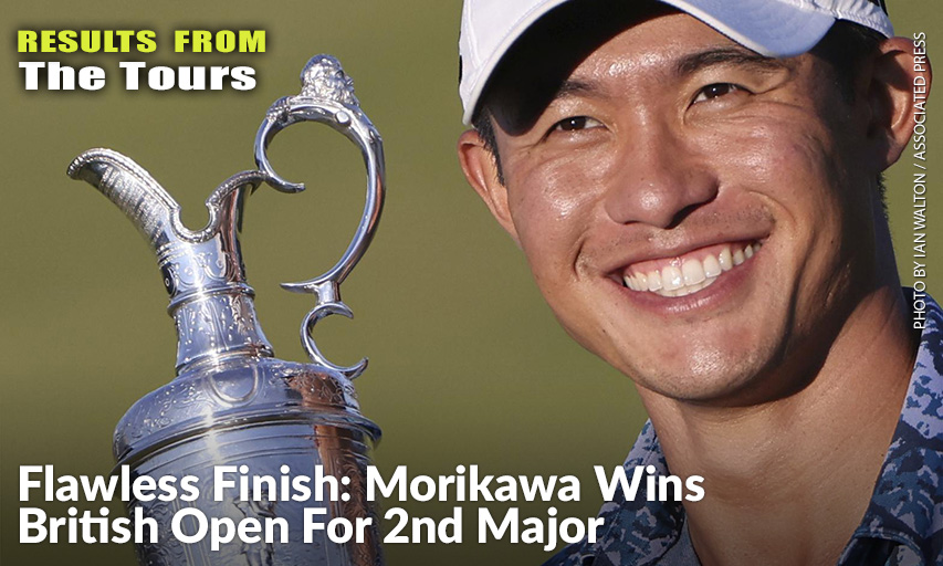 Collin Morikawa Holds Up The Claret Jug On The 18th Green After Winning The British Open. Collin Morikawa