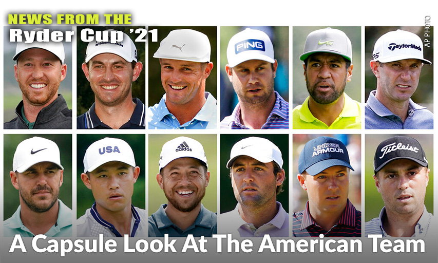 The 2020 United States Ryder Cup Golf Team: (Top Row, From Left) Daniel Berger, Patrick Cantlay, Bryson DeChambeau, Harris English, Tony Finau & Dustin Johnson. (Bottom Row, From Left) Brooks Koepka, Collin Morikawa, Xander Schauffele, Scottie Scheffler, Jordan Spieth & Justin Thomas.