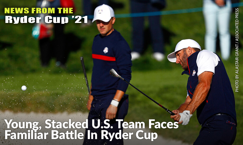 Jordan Spieth Watches As Dustin Johnson Plays From A Bunker During Practice At The 2018 Ryder Cup.