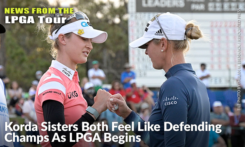 Jessica Korda (R) Gets A Fist-Bump From Her Sister Nelly Korda On The 18th Green After Forcing A Playoff Against Danielle Kang During The Final Round Of The 2021 LPGA Tournament of Champions.