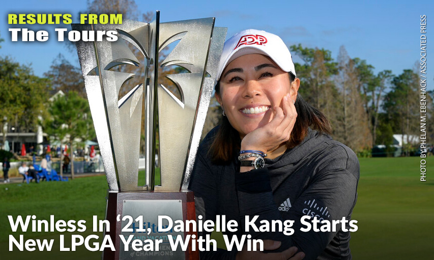Danielle Kang Poses Next To The Championship Trophy On The 18th Green After Winning The LPGA Tournament of Champions. Danielle Kang