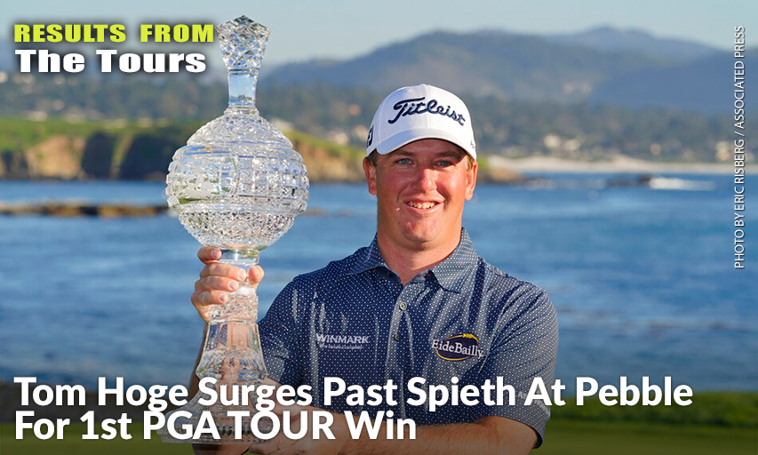 Tom Hoge Poses With His Trophy On The 18th Green Of The Pebble Beach Golf Links After Winning The AT&T Pebble Beach Pro-Am. Tom Hoge