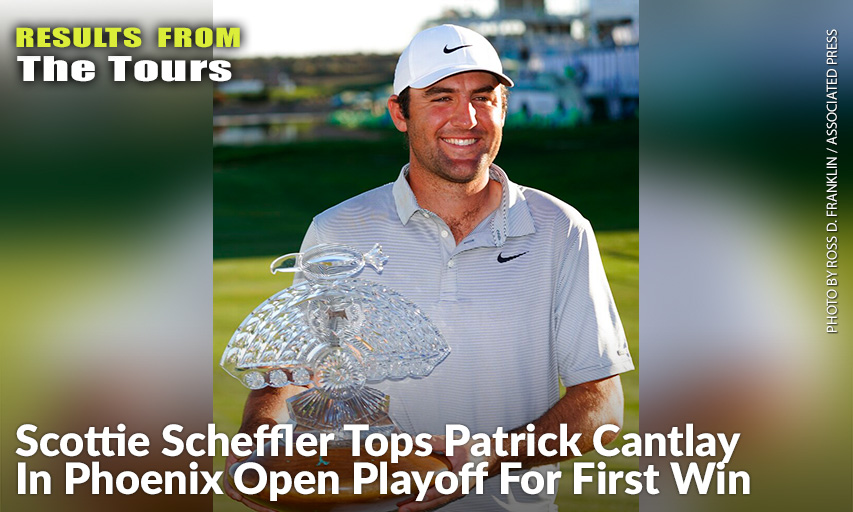 Scottie Scheffler Smiles As He Holds The Tournament Trophy For Winning The Phoenix Open. Scottie Scheffler