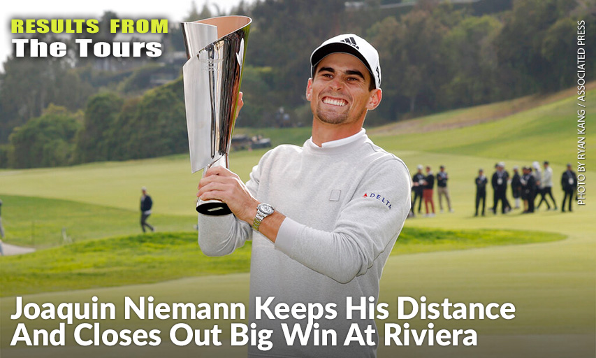 Joaquin Niemann Reacts With His Trophy On The 18th Green After Winning The Genesis Invitational. Joaquin Niemann