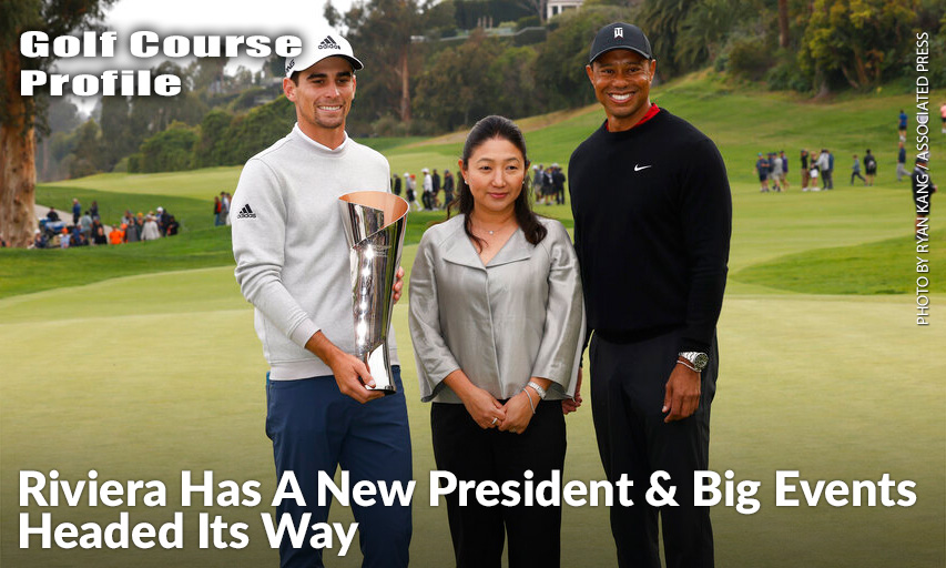 Joaquin Niemann Poses With His Trophy Next To Megan Watanabe, President Of The Riviera Country Club, And Tiger Woods On The 18th Green After Winning The Genesis Invitational. Joaquin Niemann, Megan Watanabe, Tiger Woods