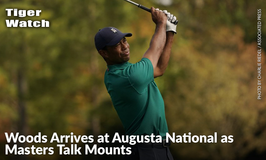 Tiger Woods Watches His Tee Shot On The 12th Hole During A Practice Round For The 2020 Masters. Tiger Woods