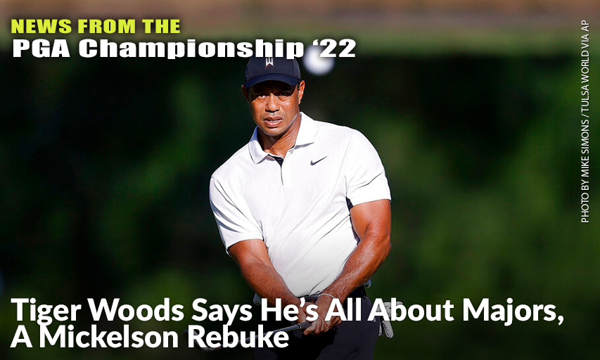 Tiger Woods Hits A Chip Shot On The 11th Hole During A Practice Round For The 2022 PGA Championship. Tiger Woods
