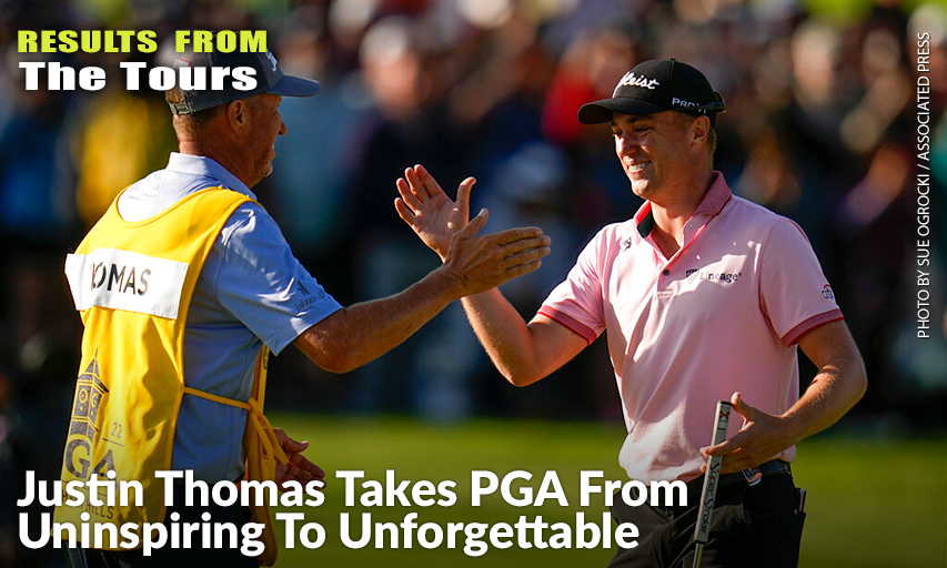 Justin Thomas Celebrates With Caddie Jim “Bones” Mackay After Winning The 2022 PGA Championship In A Playoff Against Will Zalatoris. Justin Thomas
